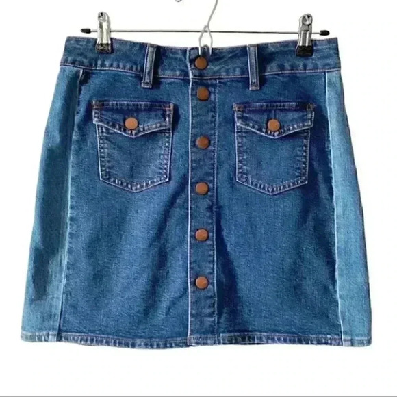 Madewell Denim Mini Skirt Button Front 2 Tone Blue Jean Size 26 - Picture 3 of 14